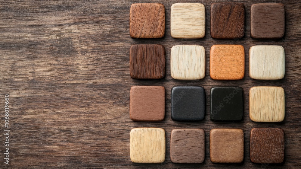Fototapeta premium A variety of wooden squares arranged neatly on a wooden surface, showcasing different textures and colors.