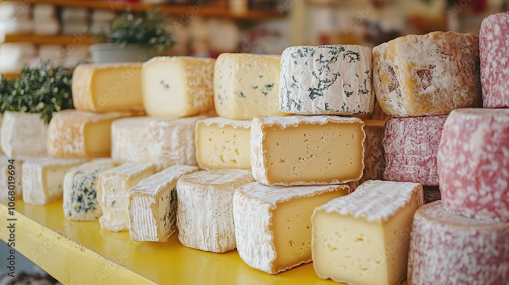 Fototapeta premium An assortment of cheeses sits against a yellow background, highlighting various types of delicious cheese, ideal for food-themed visuals.