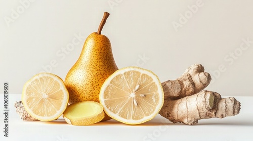 A golden pear paired with a sliced lemon and ginger root, arranged in a dynamic, asymmetrical composition on a white background, highlighting the vibrant contrast of colors and textures. photo