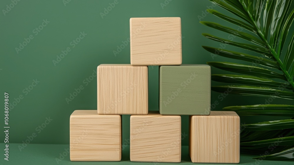 A minimalist arrangement of wooden blocks in a geometric pattern, set against a green backdrop with a touch of foliage. A minimalist arrangement of wooden blocks in a geometric pattern, set against a green backdrop with a touch of foliage.
