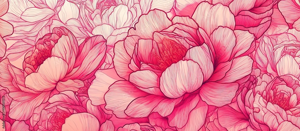 Vibrant floral pattern with pink peonies and delicate linework. Vibrant floral pattern with pink peonies and delicate linework.