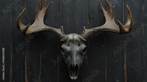 An elk skull with horns hanging on a dark wooden wall, designed for banners, posters, or greeting cards promoting Halloween, pagan Christmas, or mystical decorations with a psychedelic twist. photo