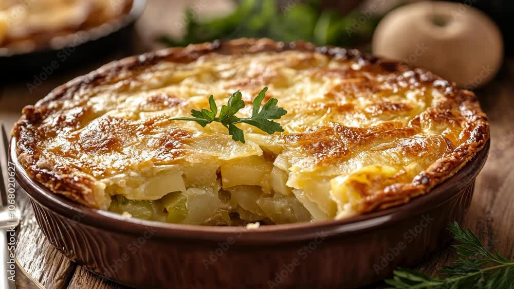 A golden brown potato pie with a flaky crust sits on a rustic wooden table A golden brown potato pie with a flaky crust sits on a rustic wooden table