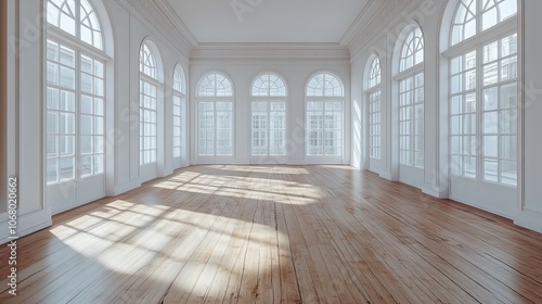 An empty white room featuring wooden floors and large windows, symbolizing a versatile interior space ready for product branding, creative showcases, or interior design projects.