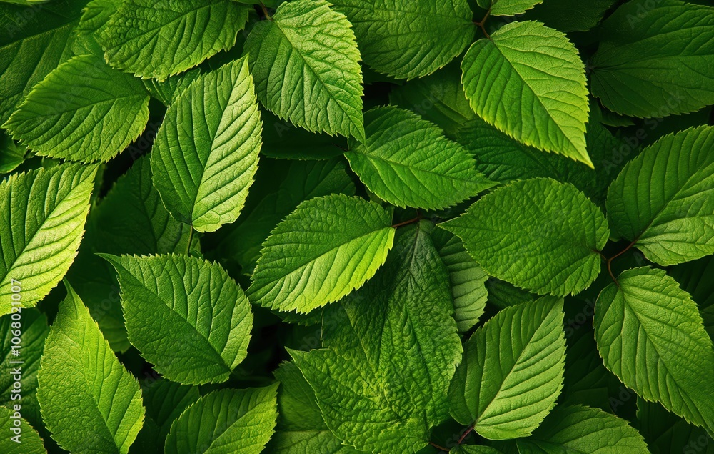 Close-up shot of lush green leaves with veins. Close-up shot of lush green leaves with veins.