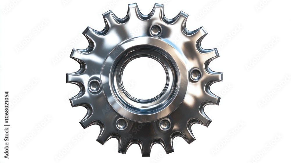 3D metallic gear icon, with polished surfaces, viewed from above and set against a plain white background. 3D metallic gear icon, with polished surfaces, viewed from above and set against a plain white background.