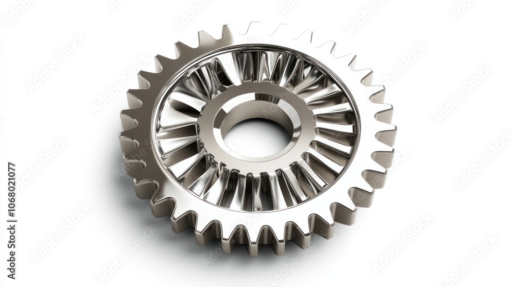 3D gear design in polished metal, viewed from above, isolated on a minimal white background for a modern look. 3D gear design in polished metal, viewed from above, isolated on a minimal white background for a modern look.