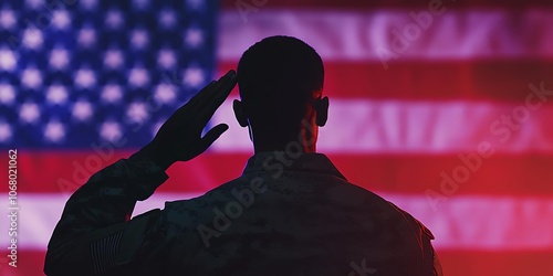 African American Soldier in Uniform Saluting, Silhouette
 photo