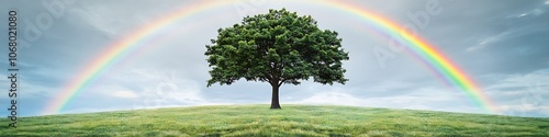 A solitary tree in the middle of a green meadow with a rainbow in the sky