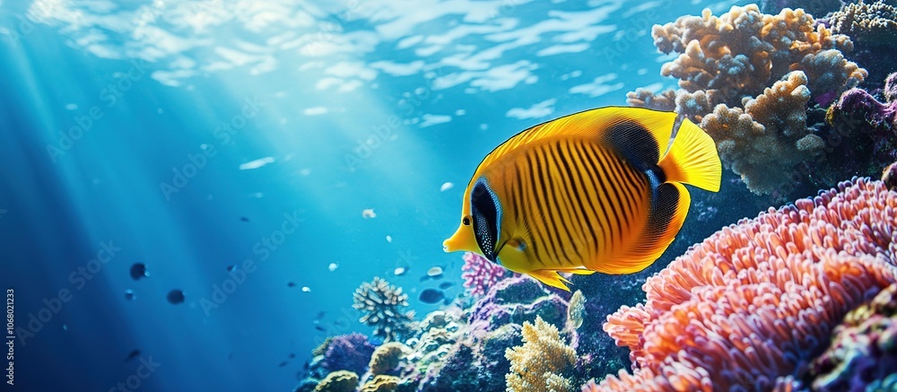 Fototapeta premium Vibrant underwater scene featuring a colorful fish and coral reef.