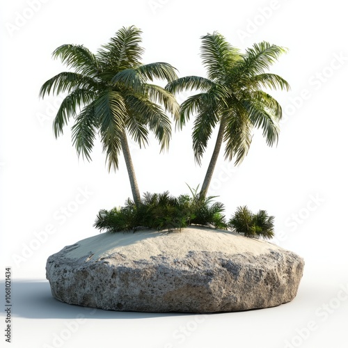 Low Poly 3D Render of a tiny island with palm trees and a sandy beach, on isolated white background