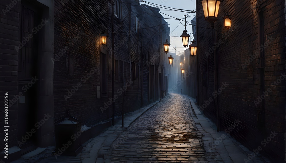 Atmospheric Twilight Alleyway with Cobblestone Street, Gas Lamps, and Foggy Atmosphere Atmospheric Twilight Alleyway with Cobblestone Street, Gas Lamps, and Foggy Atmosphere