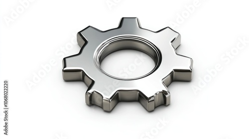 3D silver metal gear icon with reflective finish, isolated on a white background in top view.