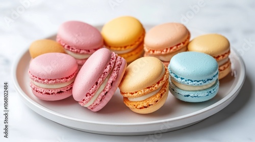 Assortment of Colorful Macarons on White Plate