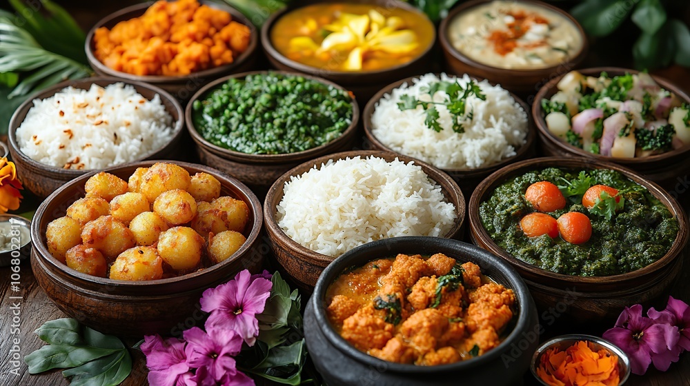 Assorted Indian food with flowers and palm leaves, celebrating Diwali or Ugadi with traditional cuisine. Assorted Indian food with flowers and palm leaves, celebrating Diwali or Ugadi with traditional cuisine.