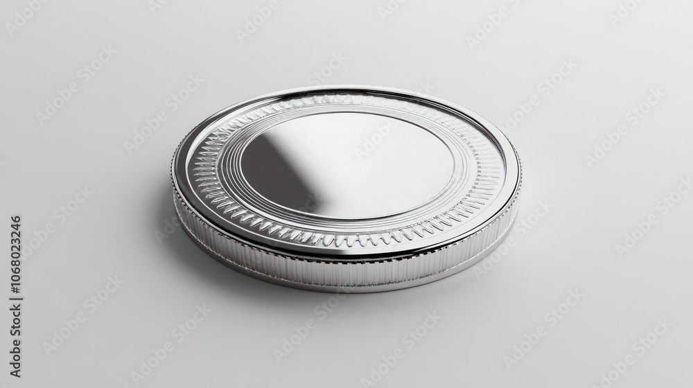 Chrome-finish silver coin in 3D, top view, on a plain white background with a sleek, reflective look. Chrome-finish silver coin in 3D, top view, on a plain white background with a sleek, reflective look.