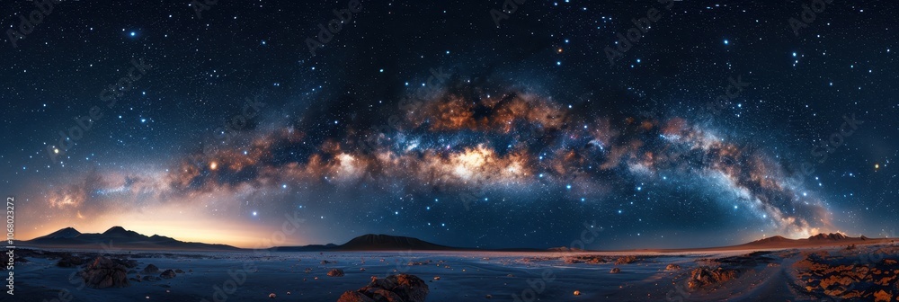 A breathtaking panorama of the Milky Way galaxy arcing over a serene desert landscape, showcasing the beauty of the night sky and stars. A breathtaking panorama of the Milky Way galaxy arcing over a serene desert landscape, showcasing the beauty of the night sky and stars.