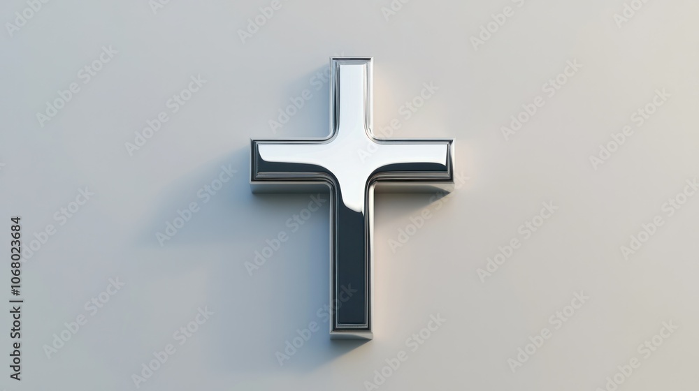Chrome cross icon in 3D, displayed from a top-down perspective on a clean white background for a minimalist style. Chrome cross icon in 3D, displayed from a top-down perspective on a clean white background for a minimalist style.