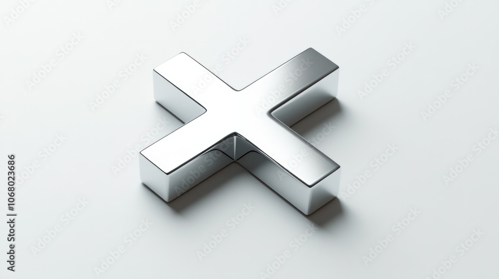 Obraz premium Chrome cross icon in 3D, displayed from a top-down perspective on a clean white background for a minimalist style.