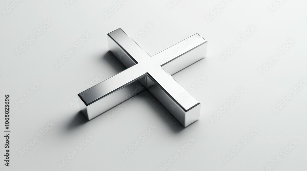 Obraz premium Chrome cross icon in 3D, displayed from a top-down perspective on a clean white background for a minimalist style.
