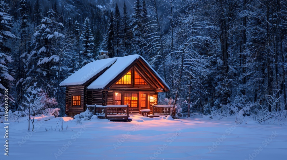 Cozy log cabin illuminated at night surrounded by snowy forest, perfect winter retreat in a peaceful, serene mountain landscape. Cozy log cabin illuminated at night surrounded by snowy forest, perfect winter retreat in a peaceful, serene mountain landscape.