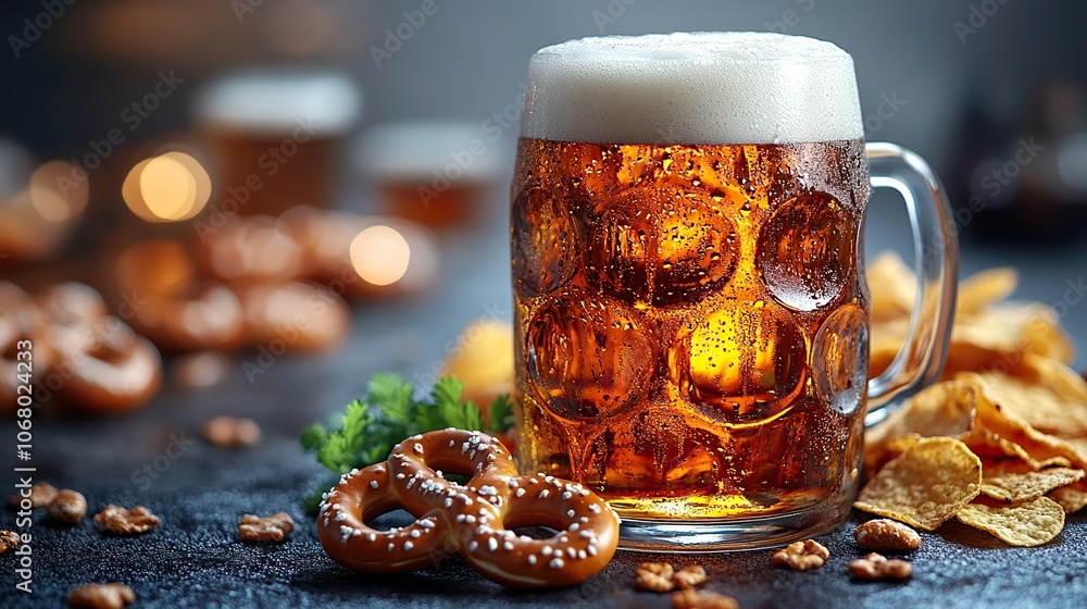 Beer, pretzels, and chips are presented on a gray background, symbolizing festive occasions like Oktoberfest, perfect for celebration-themed banners. Beer, pretzels, and chips are presented on a gray background, symbolizing festive occasions like Oktoberfest, perfect for celebration-themed banners.