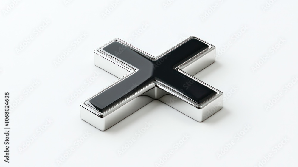 Elegant chrome cross icon, rendered in 3D with polished surface, on a plain white background. Elegant chrome cross icon, rendered in 3D with polished surface, on a plain white background.