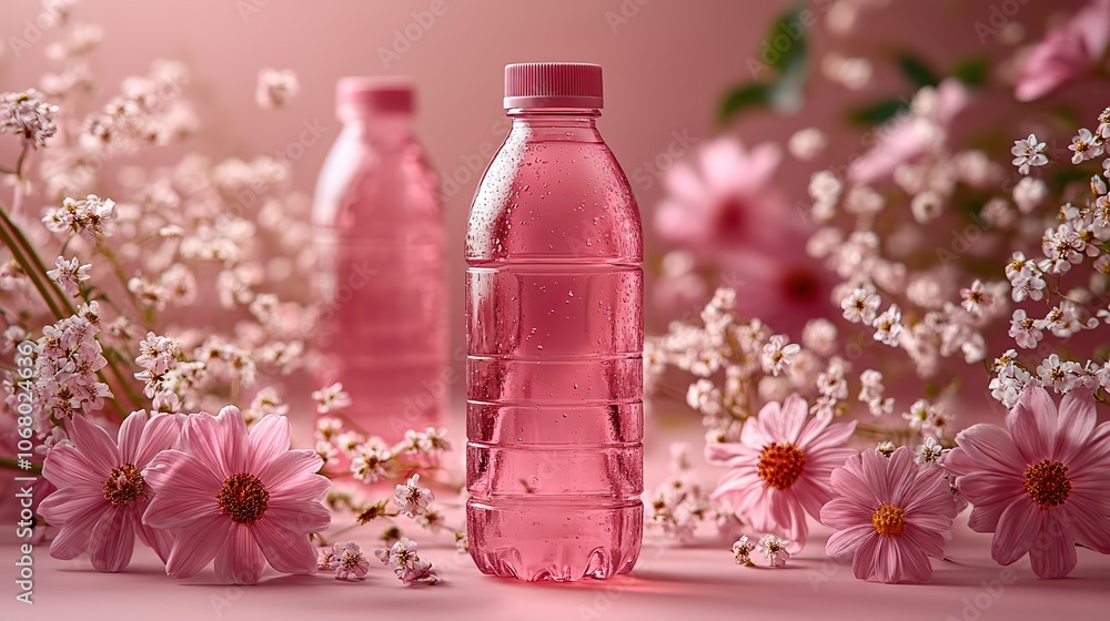 Blank plastic bottle with flowers on a pink background, an ideal mockup template for floral air fresheners or spring cleaning products. Blank plastic bottle with flowers on a pink background, an ideal mockup template for floral air fresheners or spring cleaning products.