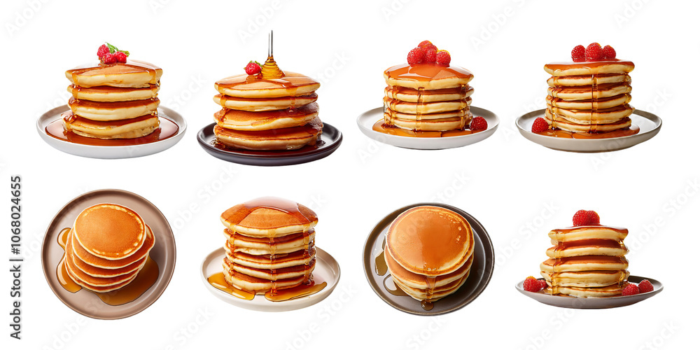 Stacked Pancakes with Syrup and Berries on Plates Stacked Pancakes with Syrup and Berries on Plates