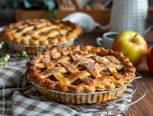 Freshly baked apple pies with golden brown lattice tops on a kitchen counter, accompanied by green apples and a checkered cloth.