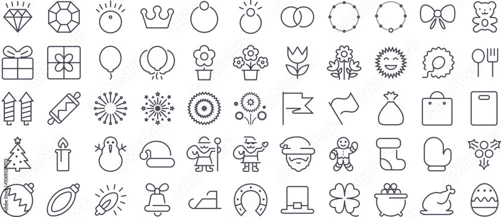Set of outline icons of holiday and celebration themes, perfect for a festive or seasonal store collection. Jewelry, Celebrations, Flowers, Food & Dining, Christmas, Thanksgiving, New Year’s...