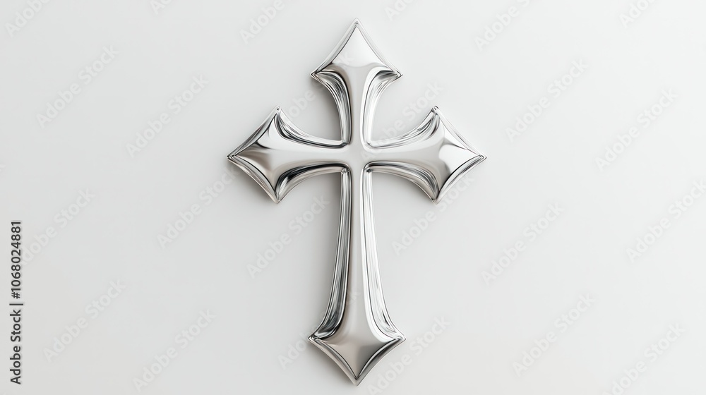 Elegant silver cross icon in 3D, top view with polished finish, isolated on a bright white background. Elegant silver cross icon in 3D, top view with polished finish, isolated on a bright white background.