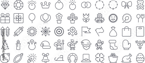 Obraz na płótnie Set of outline icons of holiday and celebration themes, perfect for a festive or seasonal store collection. Jewelry, Celebrations, Flowers, Food & Dining, Christmas, Thanksgiving, New Year’s... w salonie