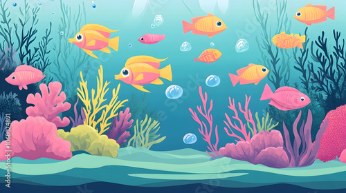 Colorful fish swim through coral reefs in a vibrant underwater scene.