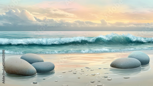 Five smooth, gray stones lie on a sandy beach at the edge of the ocean with waves breaking on the shore at sunset.