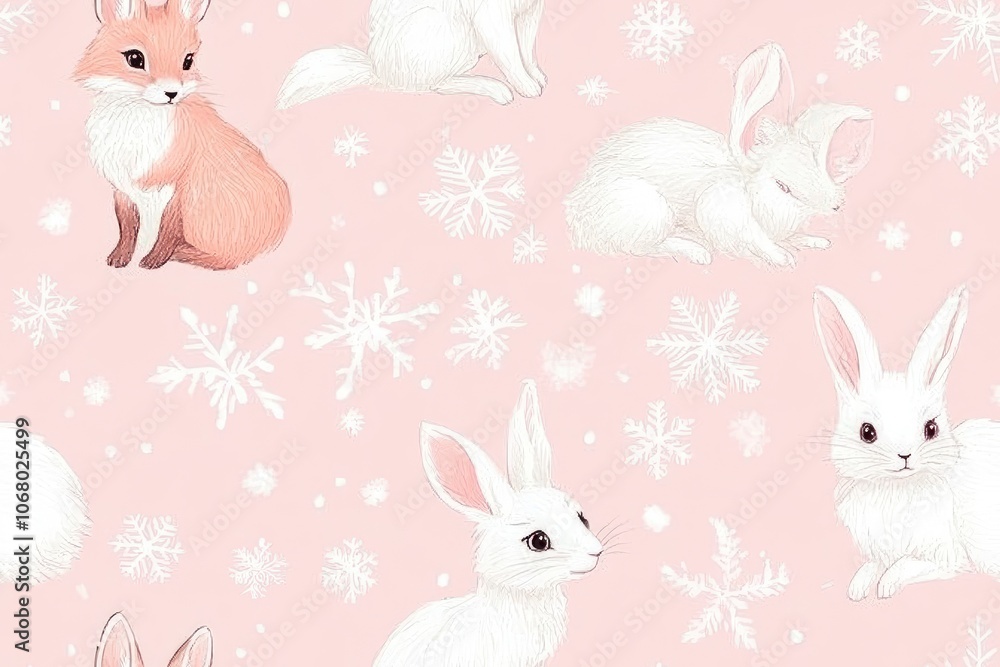Seamless pattern featuring adorable foxes and rabbits amidst a soft pink backdrop sprinkled with delicate snowflakes, perfect for winter-themed designs and cozy textiles. Seamless pattern featuring adorable foxes and rabbits amidst a soft pink backdrop sprinkled with delicate snowflakes, perfect for winter-themed designs and cozy textiles.