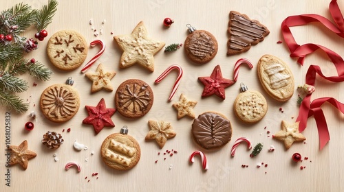 Wallpaper Mural A variety of Christmas-themed cookies, including candy canes, stars, and ornaments, laid out on a light wooden surface with subtle festive decorations like red ribbons and holly leaves. Torontodigital.ca