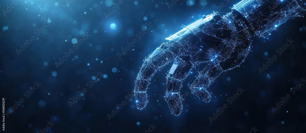 A futuristic, robotic hand, made of glowing lines and points, reaches out into the blue, bokeh background. A futuristic, robotic hand, made of glowing lines and points, reaches out into the blue, bokeh background.