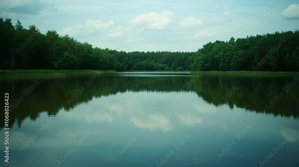 Serene lake with a perfect reflection of the sky and trees. Serene lake with a perfect reflection of the sky and trees.