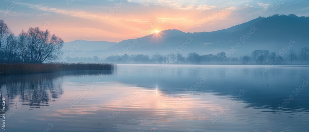 Serene sunrise over a calm lake with mist, reflecting mountains and trees, creating a peaceful and tranquil natural landscape scene. Serene sunrise over a calm lake with mist, reflecting mountains and trees, creating a peaceful and tranquil natural landscape scene.