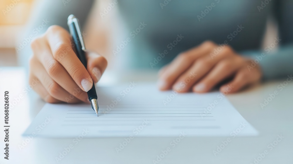 A hand holding a pen writes on a document, suggesting an act of signing, preparing, or creating written content. A hand holding a pen writes on a document, suggesting an act of signing, preparing, or creating written content.