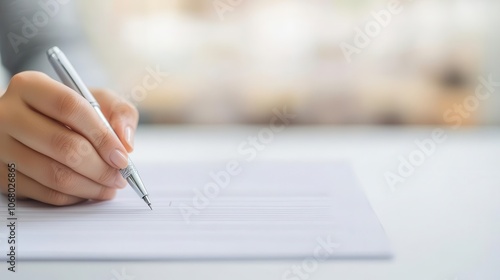 A close-up of a hand holding a pen while writing on a blank page, with a blurred background suggesting a casual workspace.