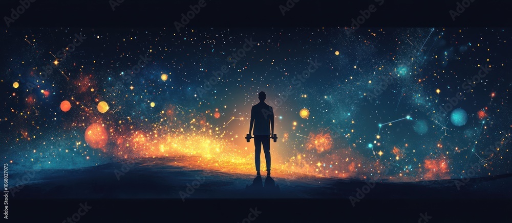 A lone silhouette stands before a vast, glittering galaxy, filled with stars, constellations, and a breathtaking cosmic display. A lone silhouette stands before a vast, glittering galaxy, filled with stars, constellations, and a breathtaking cosmic display.
