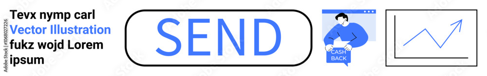 Large SEND button, man with upload box, upward graph line. Ideal for email campaigns, online forms, business, data uploads, communication apps, website buttons, user interfaces. Landing page Large SEND button, man with upload box, upward graph line. Ideal for email campaigns, online forms, business, data uploads, communication apps, website buttons, user interfaces. Landing page