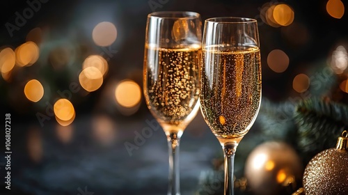 Champagne glasses with glitter lights, celebrating Christmas and festive occasions.