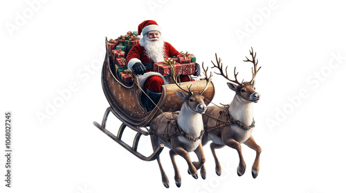 A santa with a sleigh full of presents and two reindeer pulling it