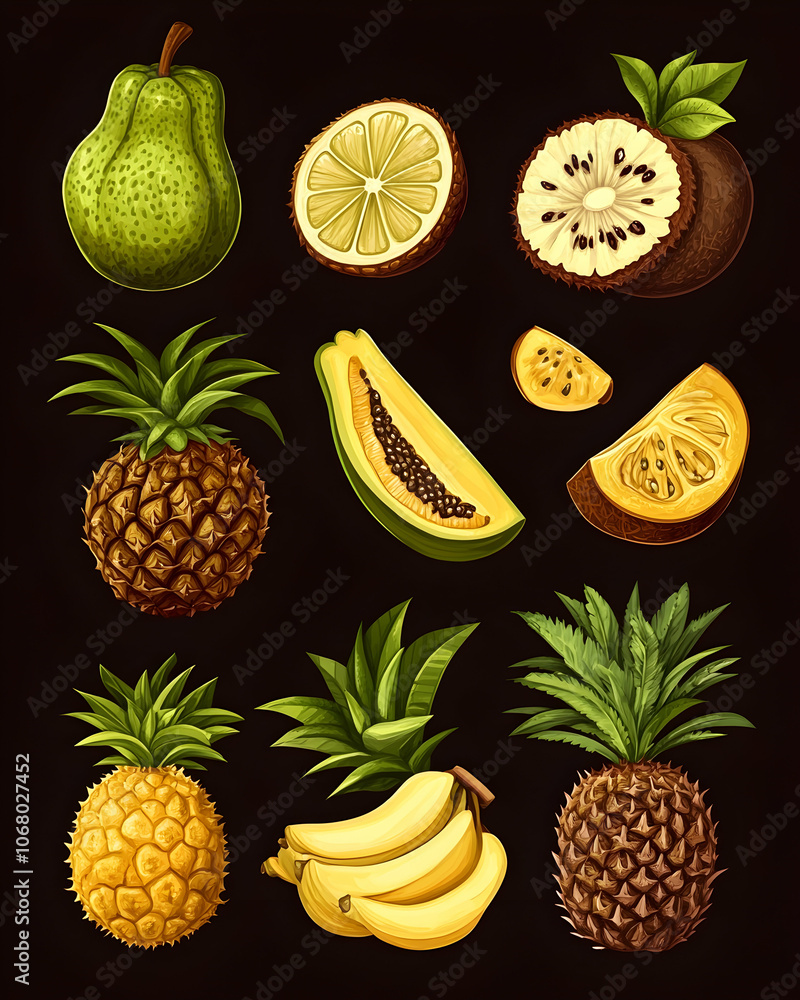 A colorful collection of tropical fruits including pineapple, banana, papaya, pear, and more. A colorful collection of tropical fruits including pineapple, banana, papaya, pear, and more.