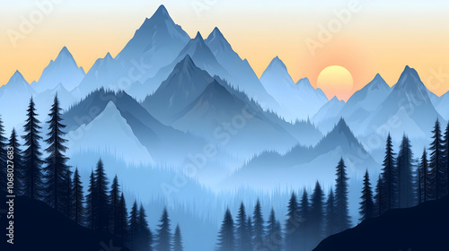 A majestic mountain range bathed in the soft light of a setting sun, with a dense forest in the foreground.