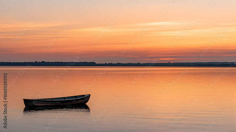 A small wooden boat rests on calm water at sunset, with a distant shore and a fiery sky. A small wooden boat rests on calm water at sunset, with a distant shore and a fiery sky.