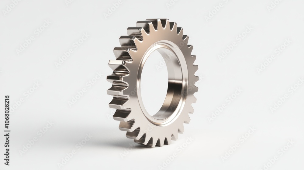 Isolated metallic gear icon in 3D, with a polished silver finish, against a clean white backdrop. Isolated metallic gear icon in 3D, with a polished silver finish, against a clean white backdrop.